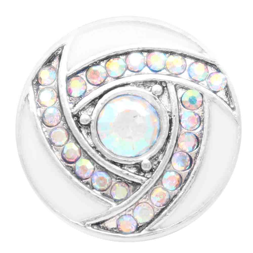 white enamel and iridescent rhintestone accents this 20mm designer look snap