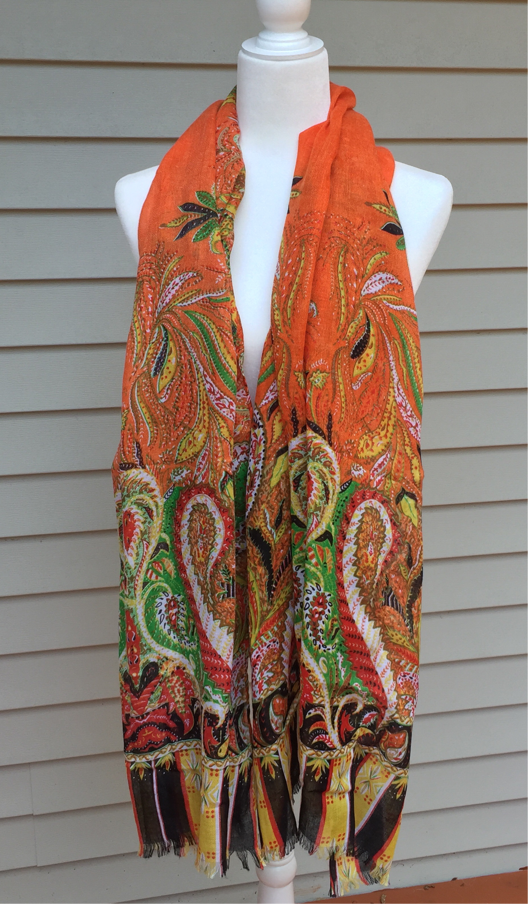 Orange, green, yellow fall paisley scarf with brown leaf accents