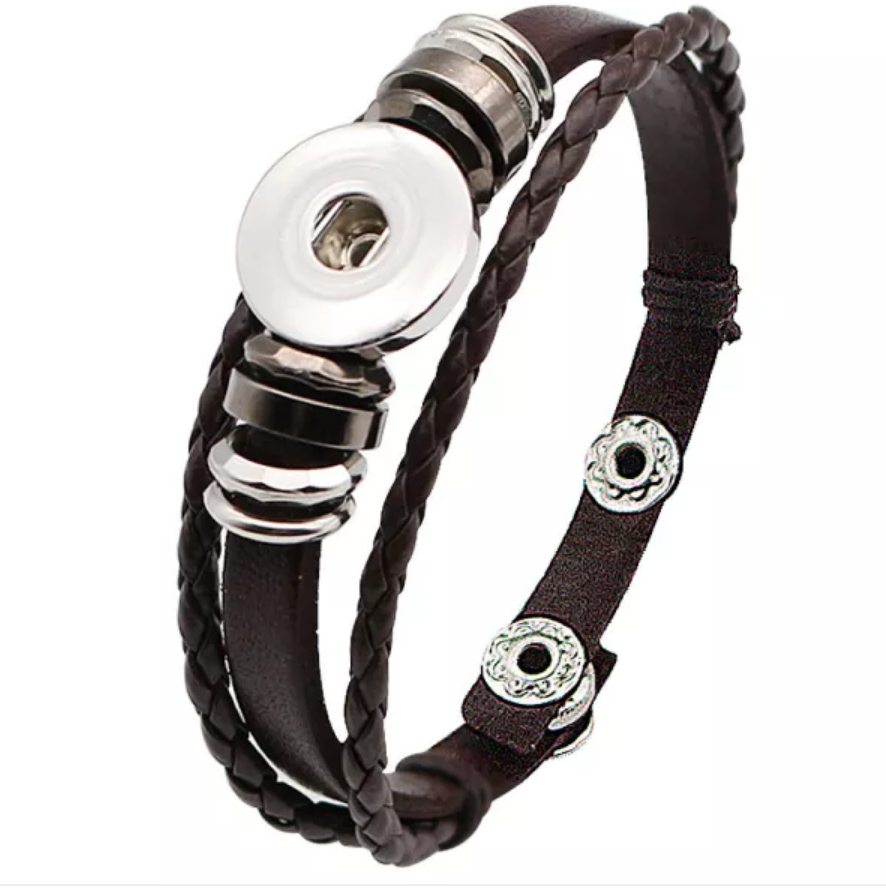 8.5 Leather Braids & Beads Snap Bracelet - Brown - Snap