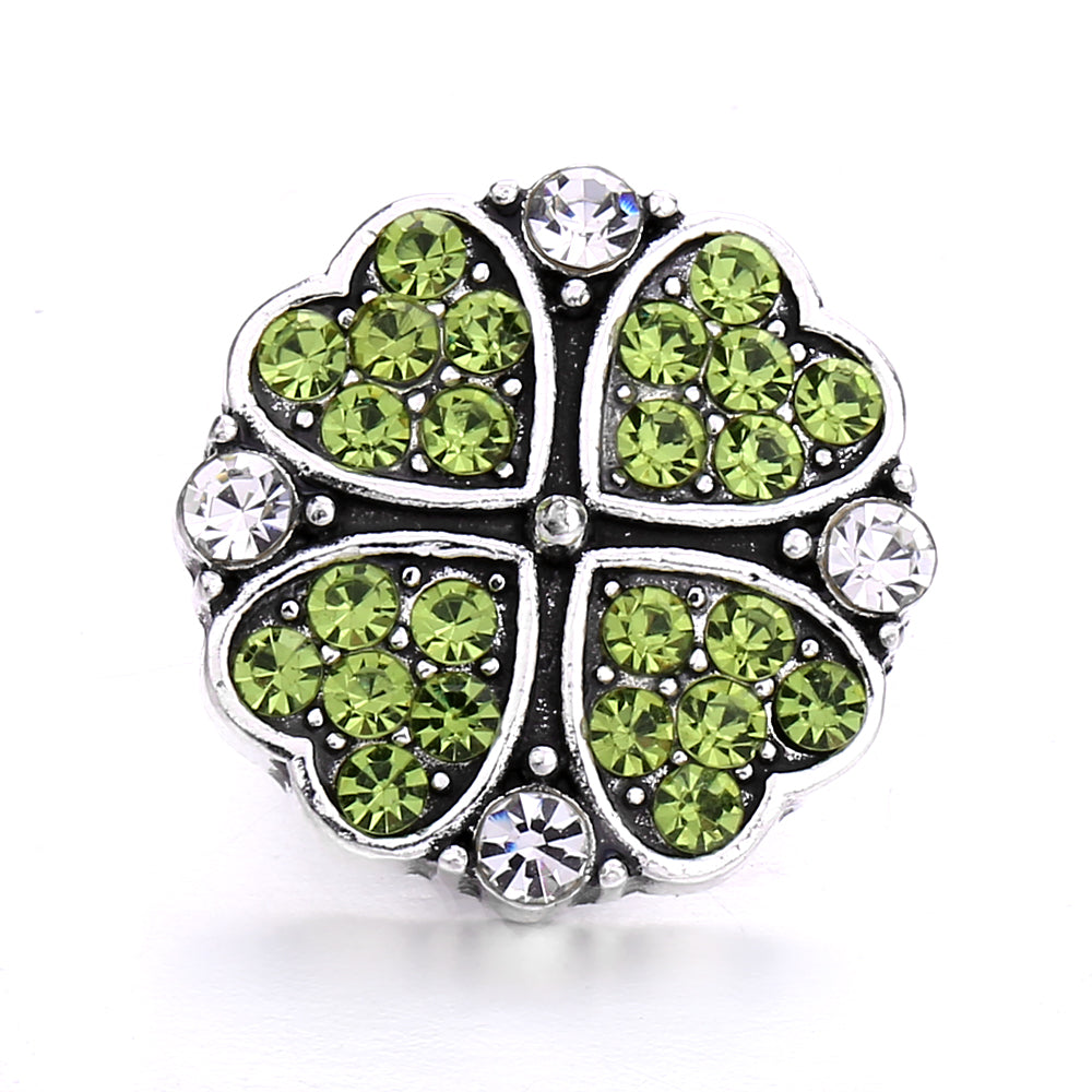 Silver Four Leaf Clover Bling Green and clear Rhinestones 20MM Snap