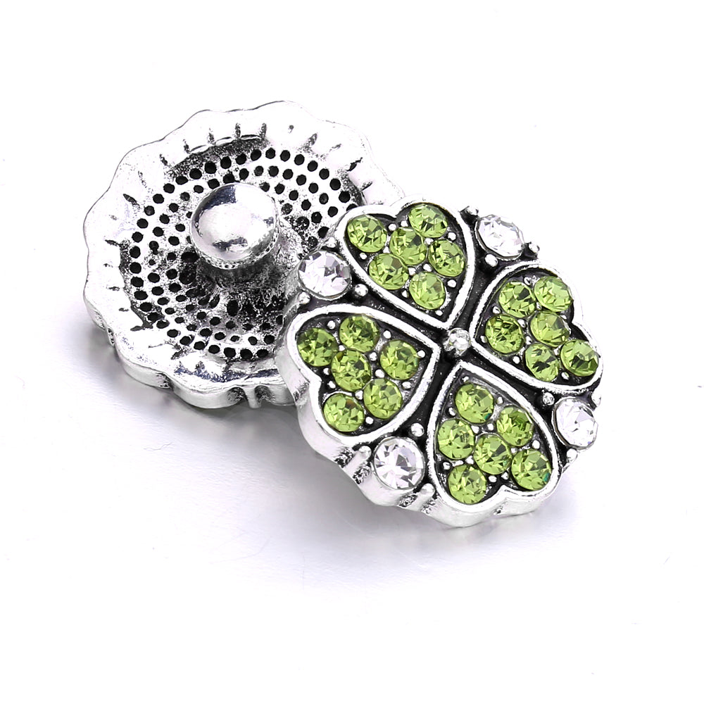 Silver Four Leaf Clover Bling Green and clear Rhinestones 20MM Snap