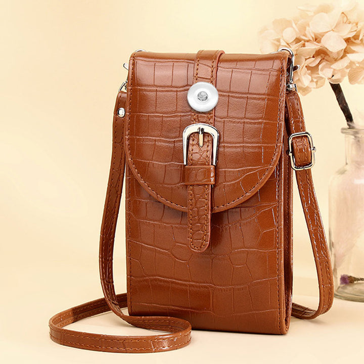 Light Brown Crocodile Pattern Leather Snap Crossbody Cell Phone Bag with Belt Buckle