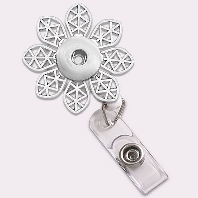 Silver Flower Metal ID Badge Reel fits 18/20mm Snaps