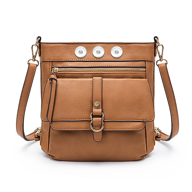 Leather Camel color multifunctional shoulder messenger bag fits three 18/20mm snap buttons