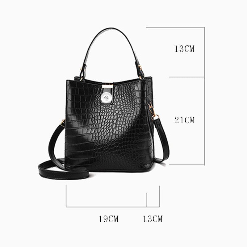 Black Leather Bucket Bag Stone Pattern Snap Shoulder Messenger Bag