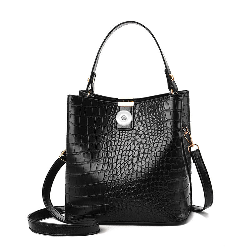 Black Leather Bucket Bag Stone Pattern Snap Shoulder Messenger Bag