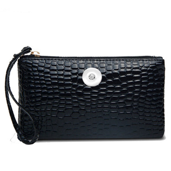 Black Stone Grain Leather Handbag Zipper Wristlet Fits 18mm Snaps