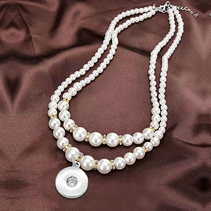 Double layer pearl necklace with gold and clear rondelles fits 18MM snap buttons