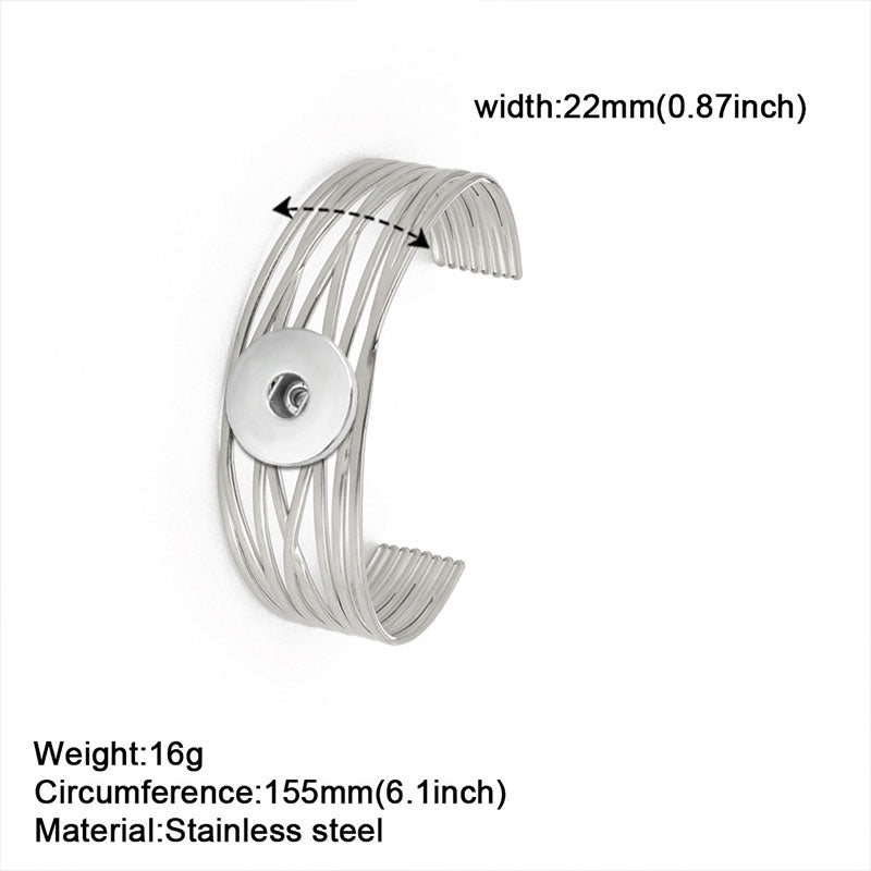 Stainless Steel Criss Cross Wire Cuff Snap Jewelry Bracelet Fits 18/20MM Snaps