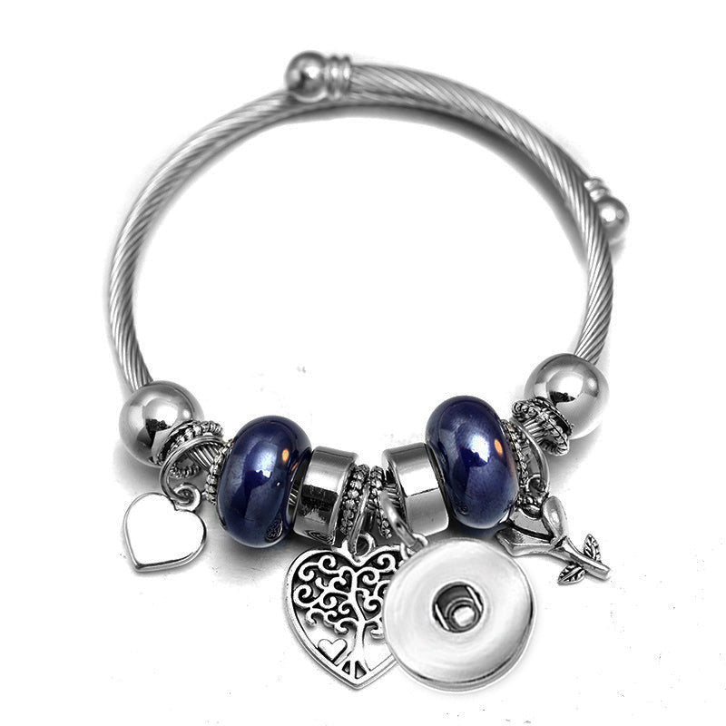 Beaded Heart, Tree, Flower Charm Stainless Steel Bracelet with 18mm Snap Charm