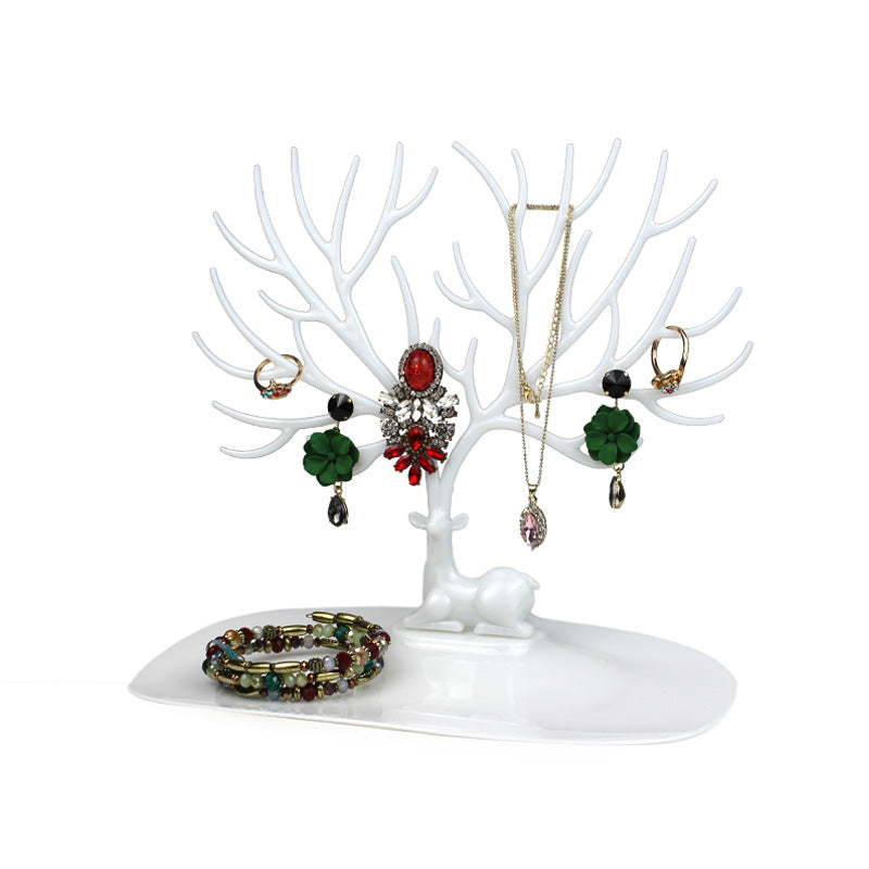 Creative Antlered Deer Jewelry Tree Tabletop Jewelry Display with Tray for Earrings, Bracelets, Necklaces, Rings
