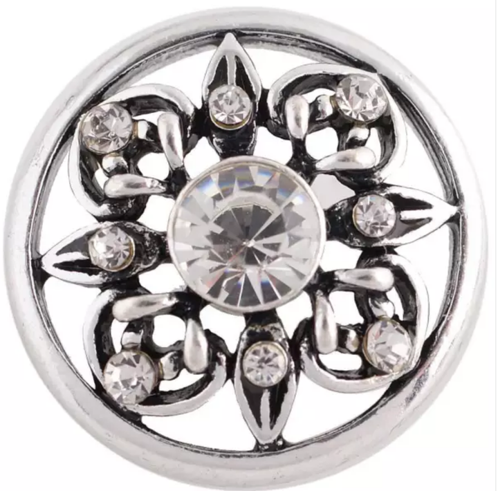 April 20MM Antique Silver Clear Rhinestone Round Floral Snap