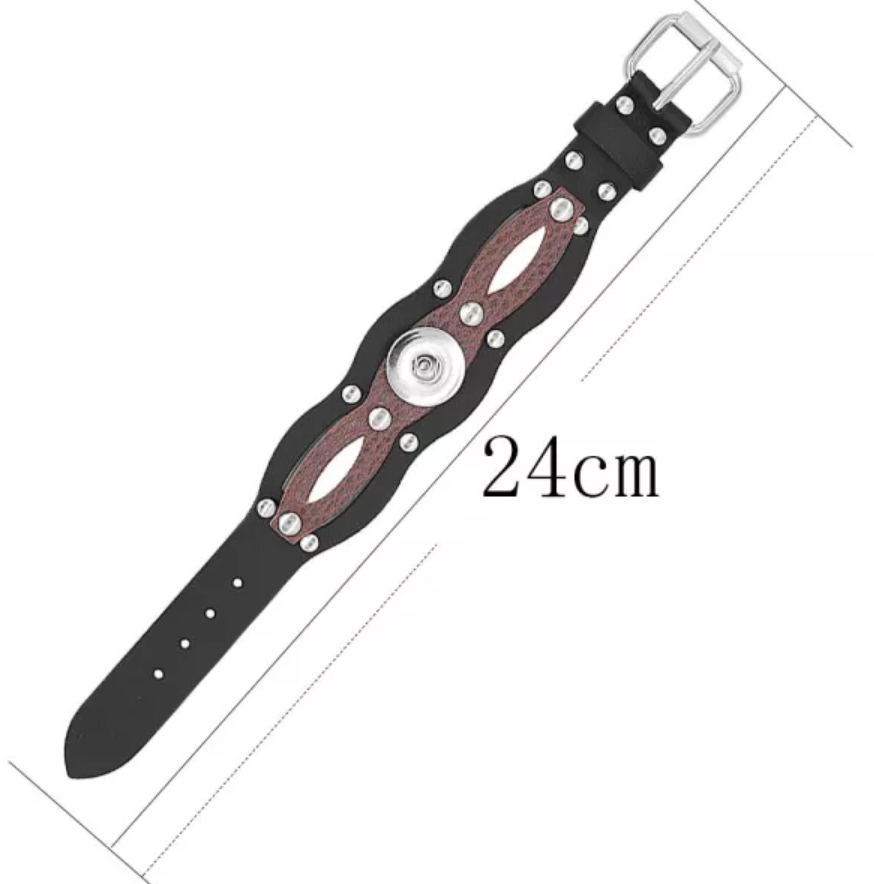 Black and Brown Leather Snap Bracelet w/Buckle Clasp - Snap