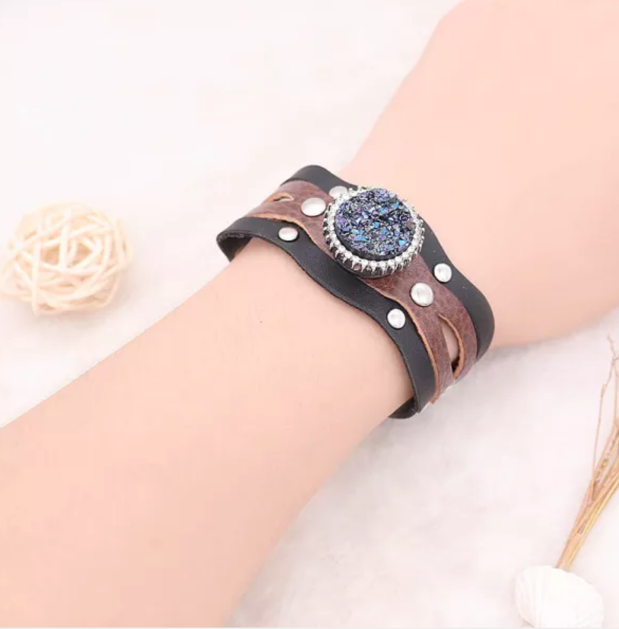 Black and Brown Leather Snap Bracelet w/Buckle Clasp - Snap