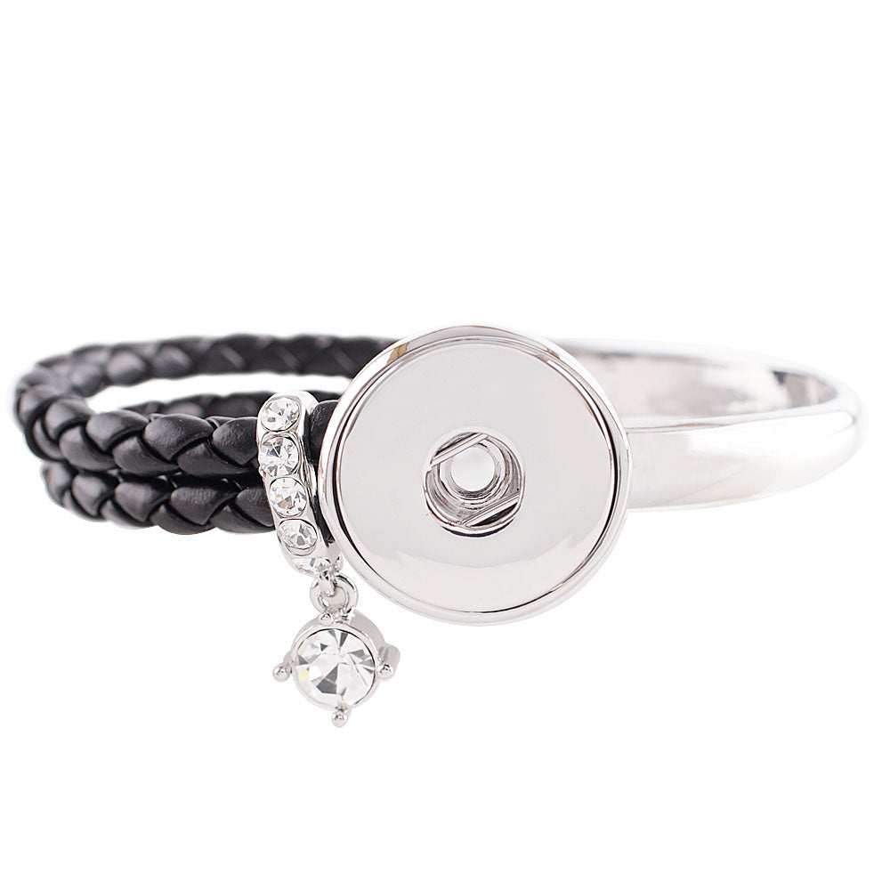 Black Leather Snap Bracelet with Dangle Rhinsetone - Snap