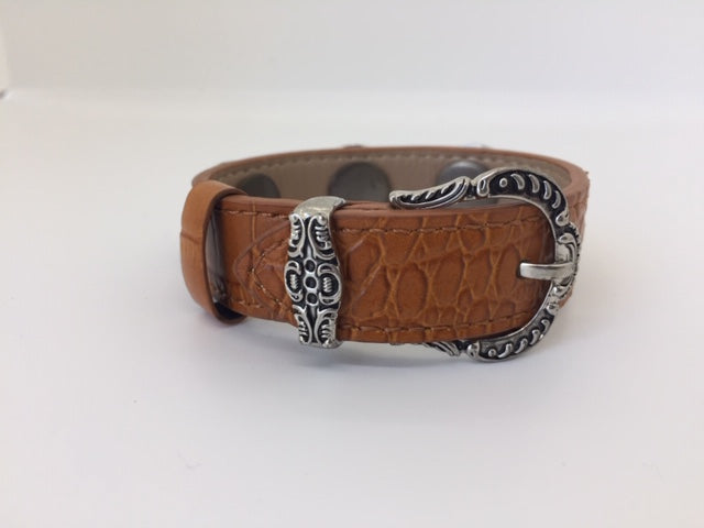 Brown Genuine Leather Triple Snap Bracelet w/ Decorative