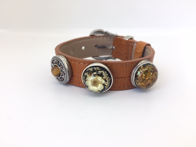 Brown Genuine Leather Triple Snap Bracelet w/ Decorative