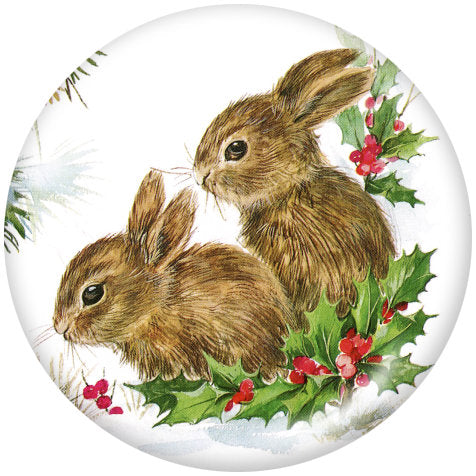 Handmade 20MM Vintage Winter Bunnies with Holly Glass Print