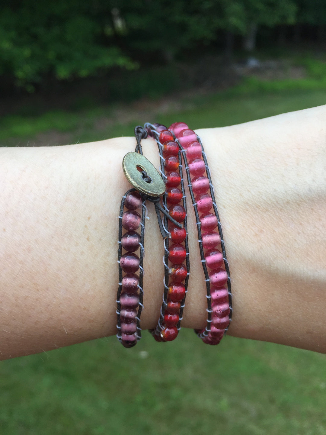 Pink to Burgundy Wine Ombre wrap bracelet with dark brown thread and hammered copper closure