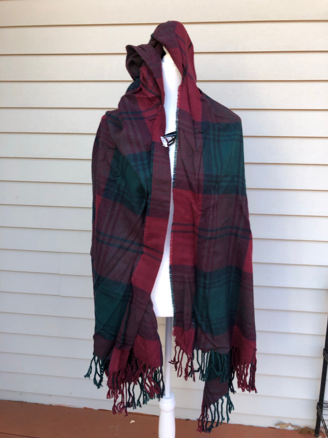 Holiday Burgundy and Green Plaid Hooded Poncho