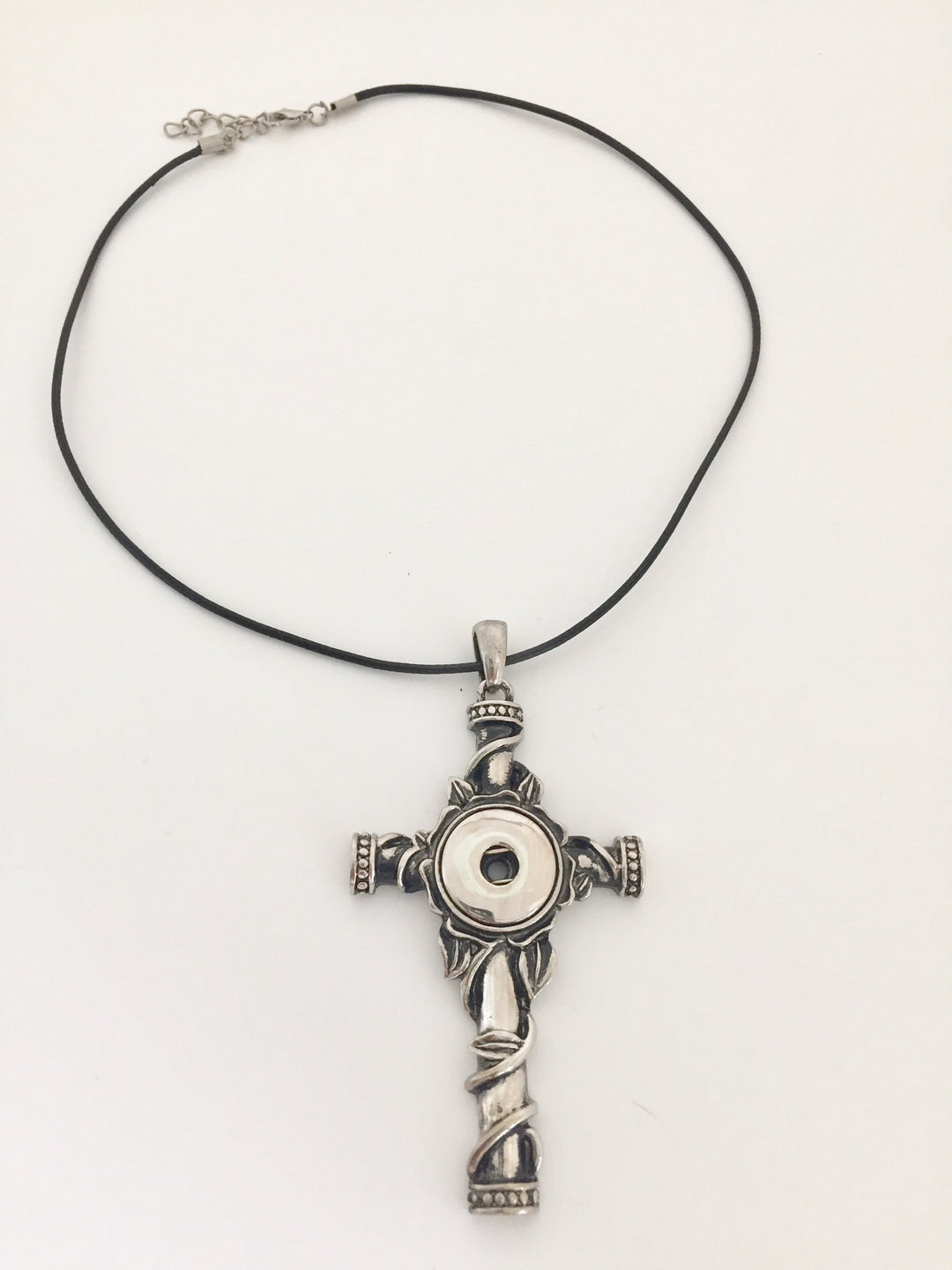 Limited Edition Mary Cross Snap Pendant w/ black leather necklace