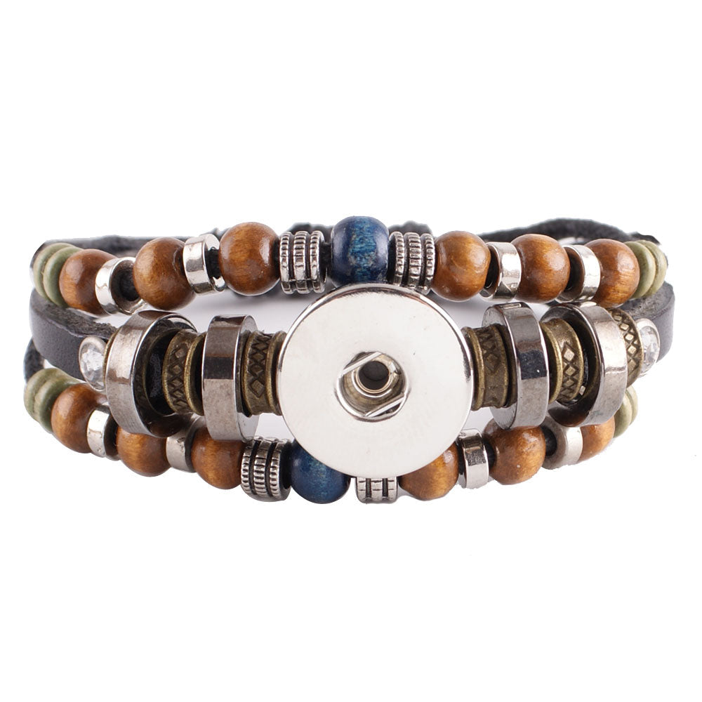 Multilayer Leather Snap Bracelet w/Wood/Silver Beads - Snap