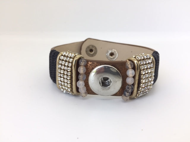 Rhinestone & Leather Single Snap Bracelet - Bronze - Snap