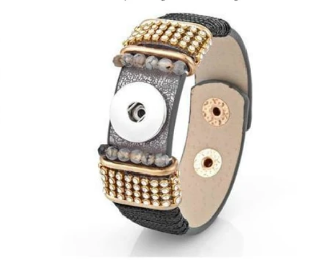 Rhinestone & Leather Single Snap Bracelet - Pewter - Snap