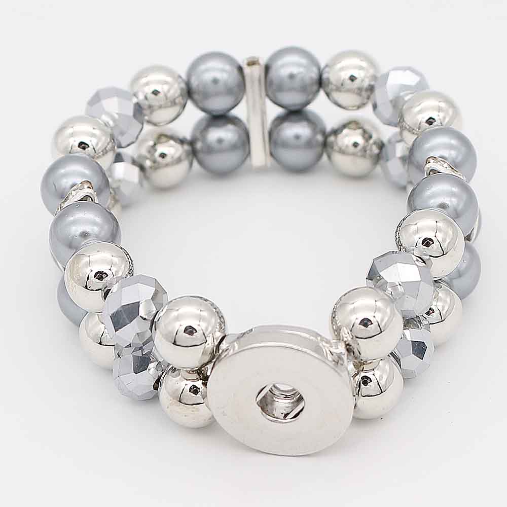 Silver and Gray Pearl Double Beaded Snap Bracelet - Snap