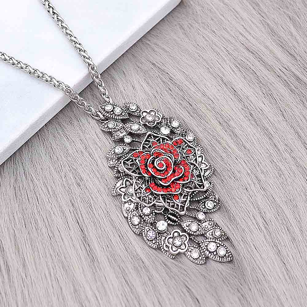 Silver Plated Red Rhinestone Rose Snap